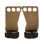 Pair of brown leather wrist straps with by bear komplex, with black buckles on a white background