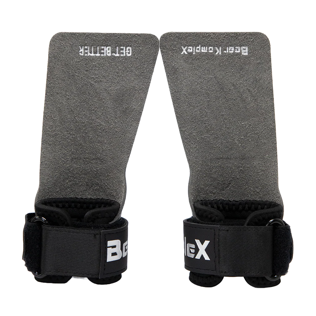Pair of gray wrist wraps with black straps featuring 'Better' and 'BeefX' branding on a white background.