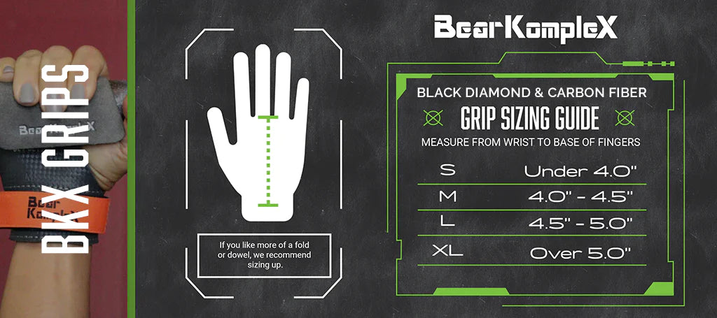 Grip sizing guide for Bear KompleX gloves with hand measurement illustration and size chart.