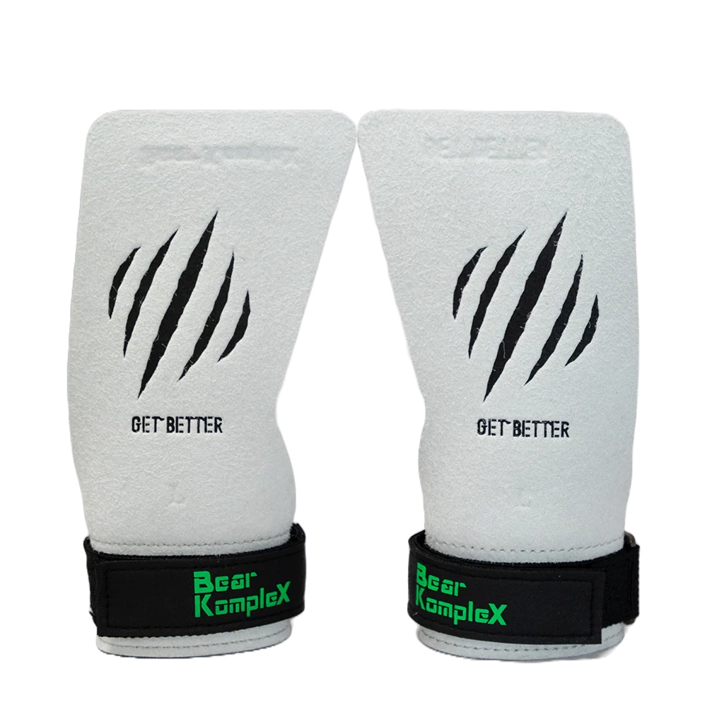 Pair of white wrist wraps with black claw design and 'Bear KompleX' branding on a white background.