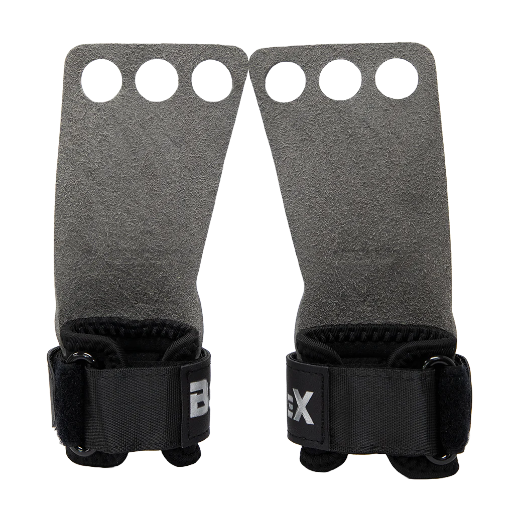 Pair of gray grip pads with black straps on a white background