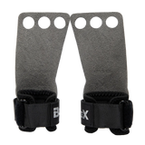 Pair of gray grip pads with black straps on a white background