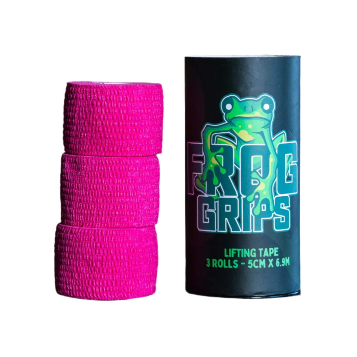 Pink lifting tape rolls with a black container labeled 'Frog Grips' on a dark surface.