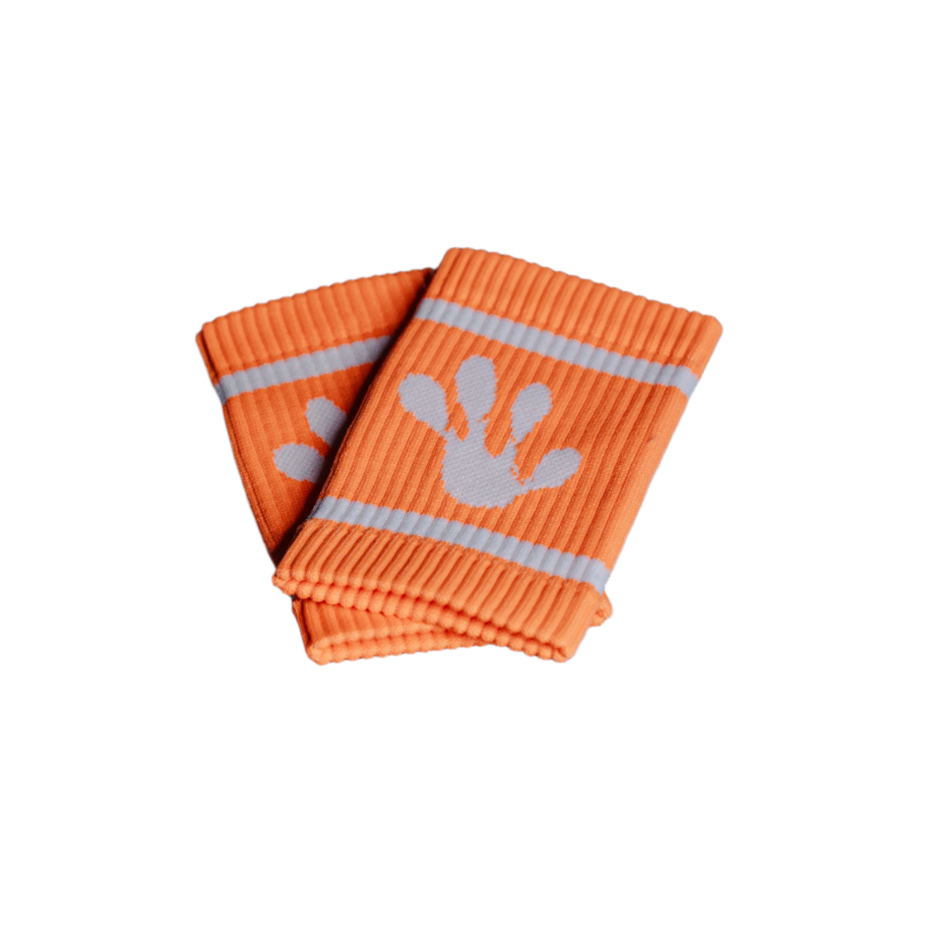 Orange frog wristbands with white handprint design on a black background
