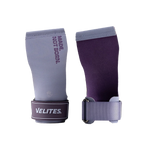 A pair of purple Velites gymnastic grips with wrist straps, displayed alongside a branded text 'NOT JUST GYMNASTICS'.