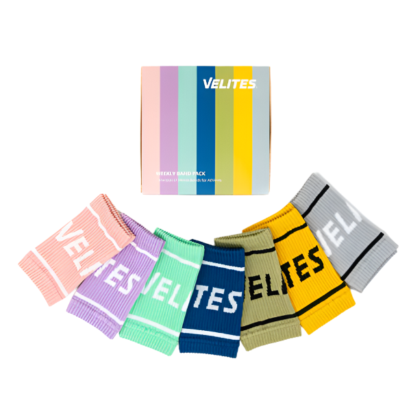 Set of colourful wristbands with 'VELITES' branding on a white background