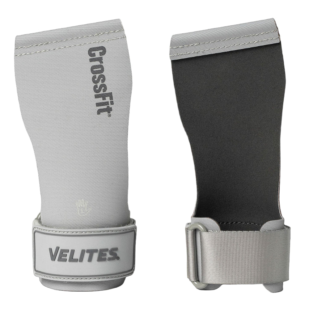 Gray and black wrist wraps with 'CrossFit' and 'Velites' branding on a white background