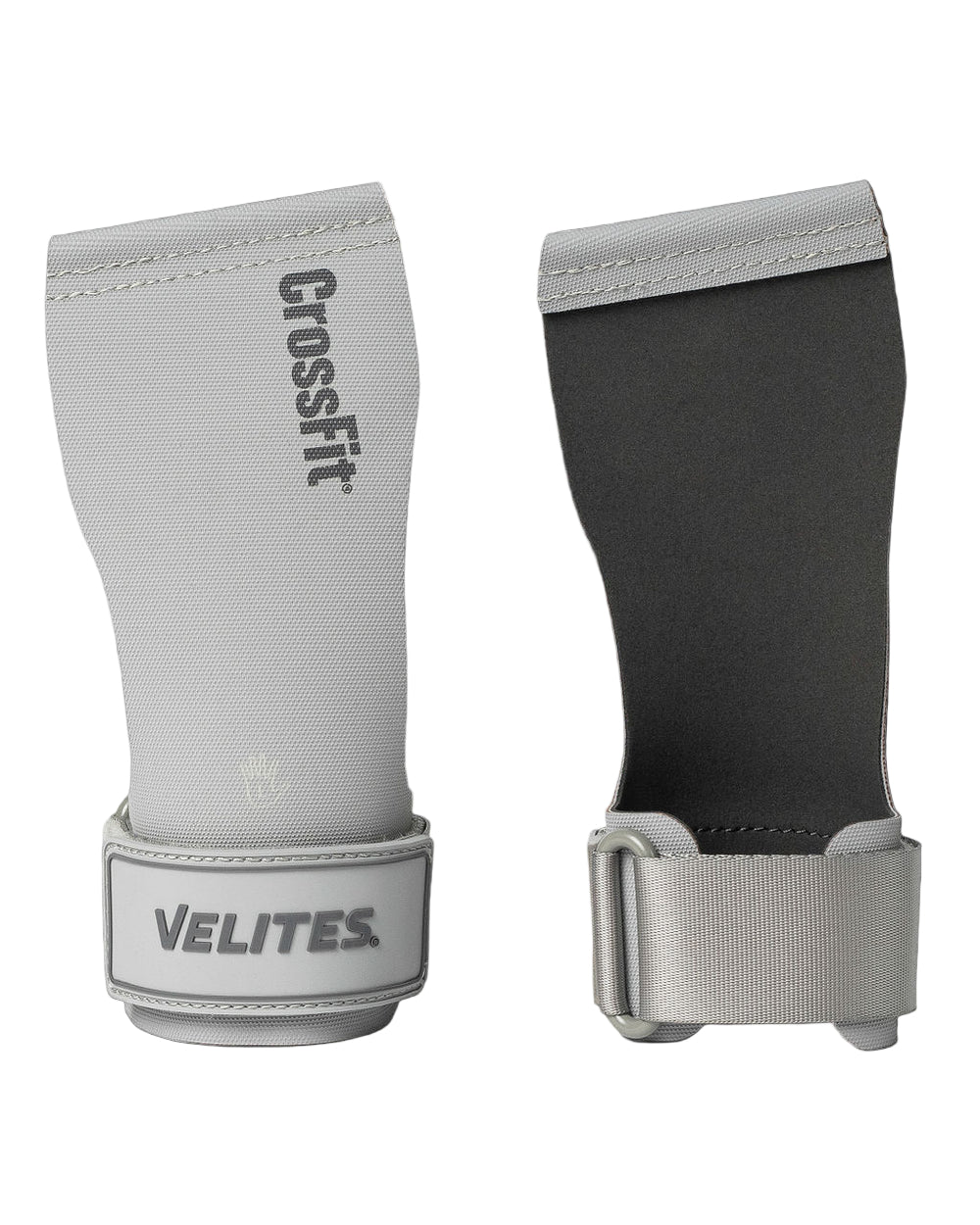 Gray and black wrist wraps with 'CrossFit' and 'Velites' branding on a white background