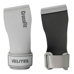 Gray and black wrist wraps with 'CrossFit' and 'Velites' branding on a white background