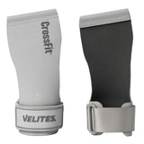 Gray and black wrist wraps with 'CrossFit' and 'Velites' branding on a white background