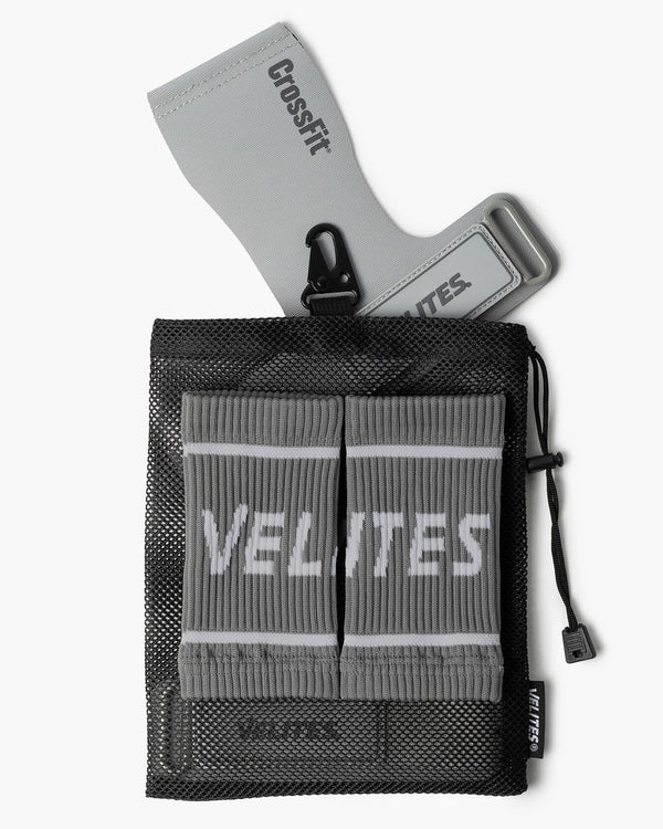 Gray wrist wrap with Velites & CrossFit branding on a white background