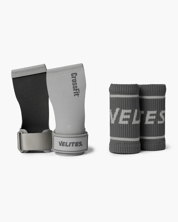 Gray wrist wraps with 'Crossfit' branding and Velites packaging on a white background