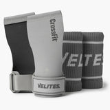GrayCrossFIt wrist wraps with Velites branding on a white background