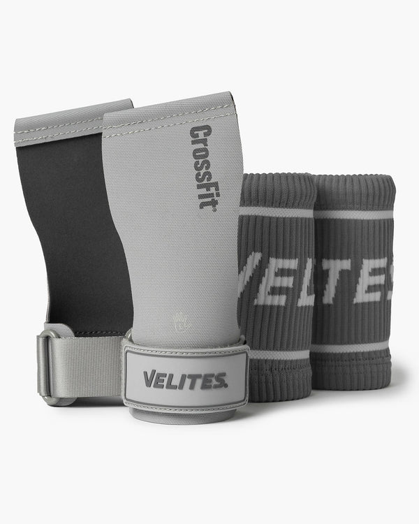 GrayCrossFIt wrist wraps with Velites branding on a white background
