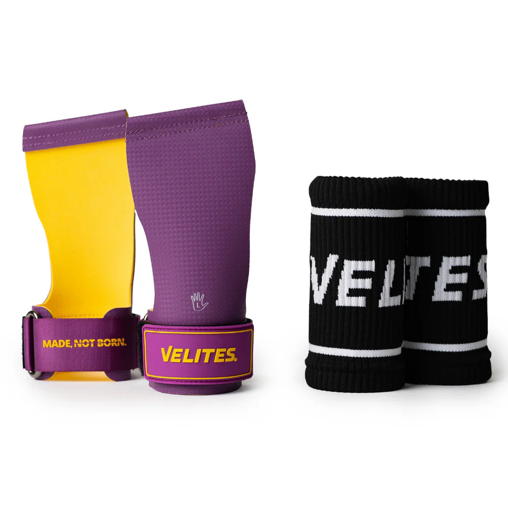 Velites quad ultra no chalk hand grips in purple and mustard