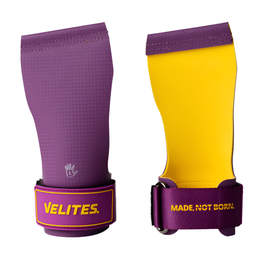 Purple and yellow wrist wraps with Velites branding on a white background