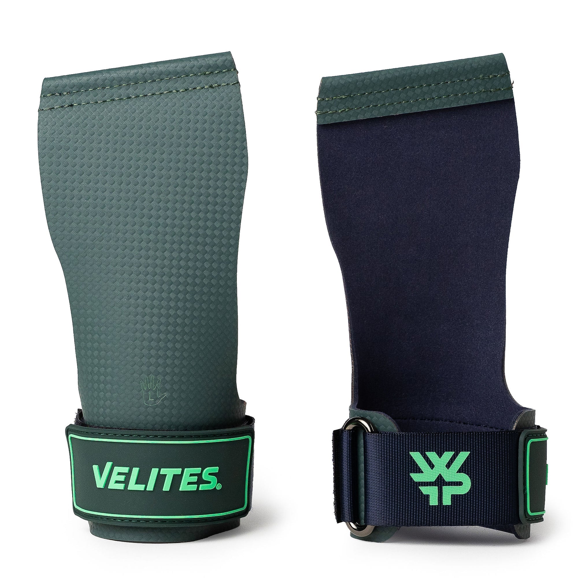 Two wrist guards, one green and one black, with Velites branding on a white background.