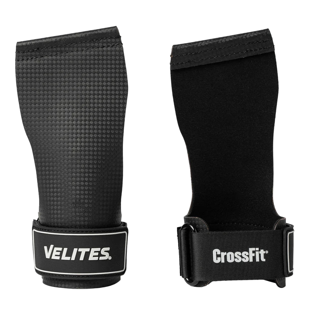Pair of black wrist wraps with Velites and CrossFit branding on a white background