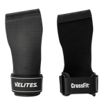 Pair of black wrist wraps with Velites and CrossFit branding on a white background