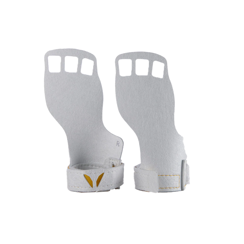 A pair of white, victory gymnastics grips with three fingers and a small yellow logo on the side.