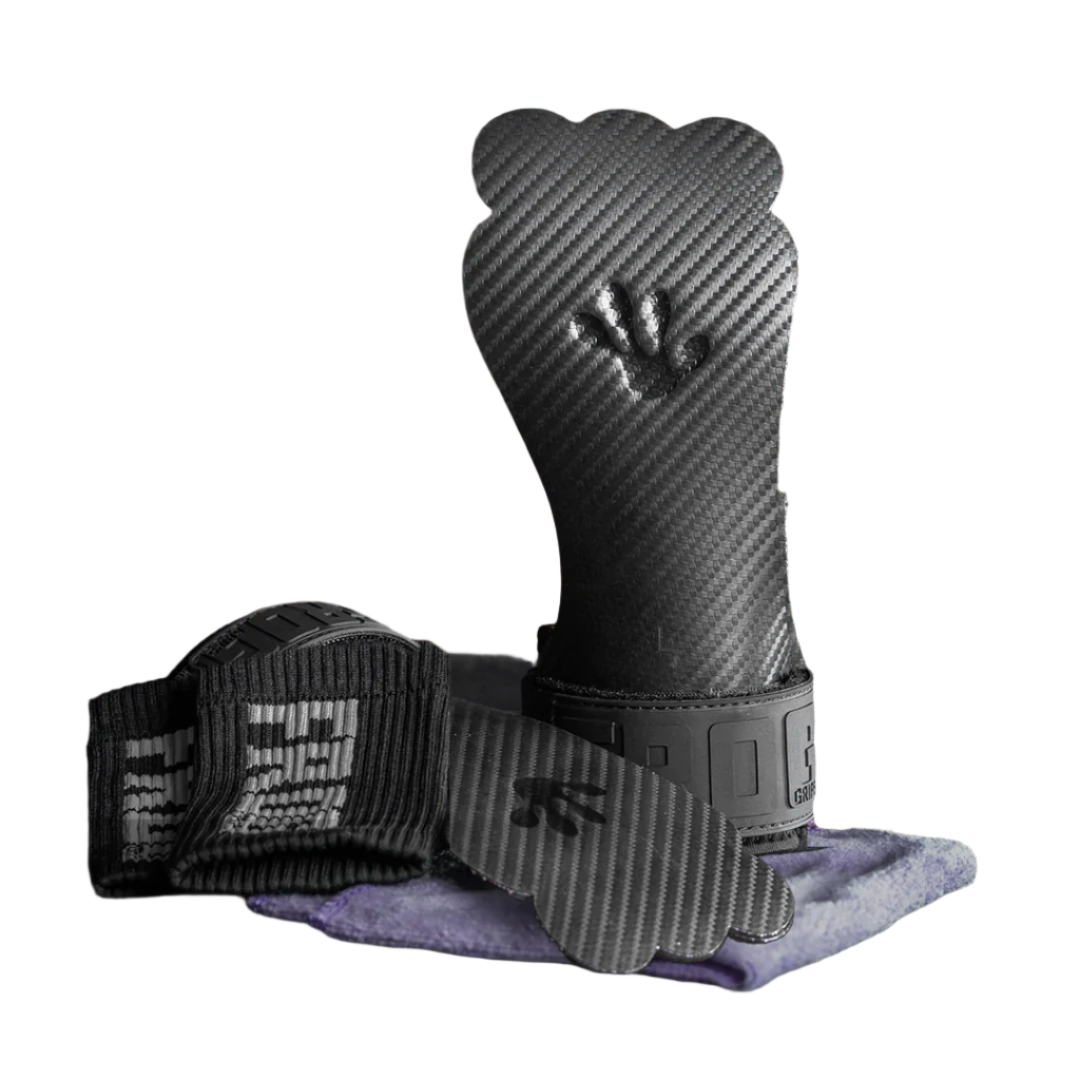 Front view of black Frog Grips Elite fingerless CrossFit grips