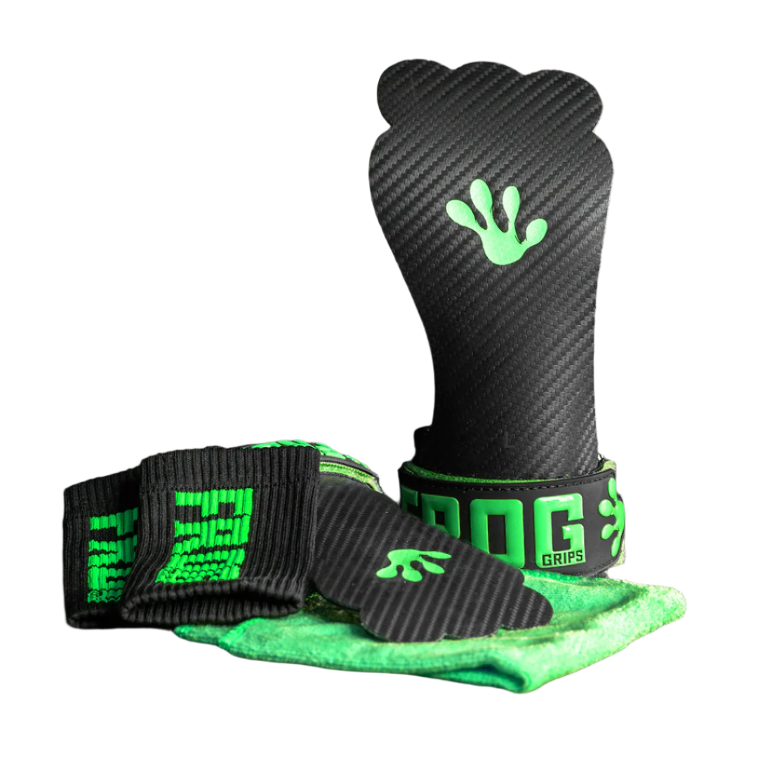 Green Frog Grips Elite fingerless grips for CrossFit workouts