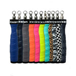 Set of colorful keychains with patterned grips on a white background