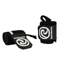 Two black wrist wraps with Rehband logo on a white background