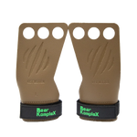 Pair of brown leather grip pads with black wrist straps and 'Bear KompleX' branding on a white background.