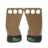 Pair of brown leather grip pads with black wrist straps and 'Bear KompleX' branding on a white background.