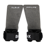 Pair of gray wrist wraps with black straps featuring 'Better' and 'BeefX' branding on a white background.