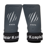 Pair of gray wrist wraps with black straps and 'Bear Komplex' branding on a white background.