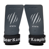 Pair of gray wrist wraps with black straps and 'Bear Komplex' branding on a white background.
