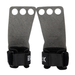 Pair of gray grip pads with black straps on a white background