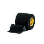 A roll of black sports tape with a yellow brand logo on it, typically used for wrapping hands or lifting weights.