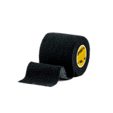 A roll of black sports tape with a yellow brand logo on it, typically used for wrapping hands or lifting weights.