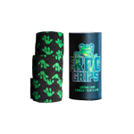 Roll of green and black patterned lifting tape with a branded container on a dark surface.