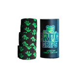 Roll of green and black patterned lifting tape with a branded container on a dark surface.