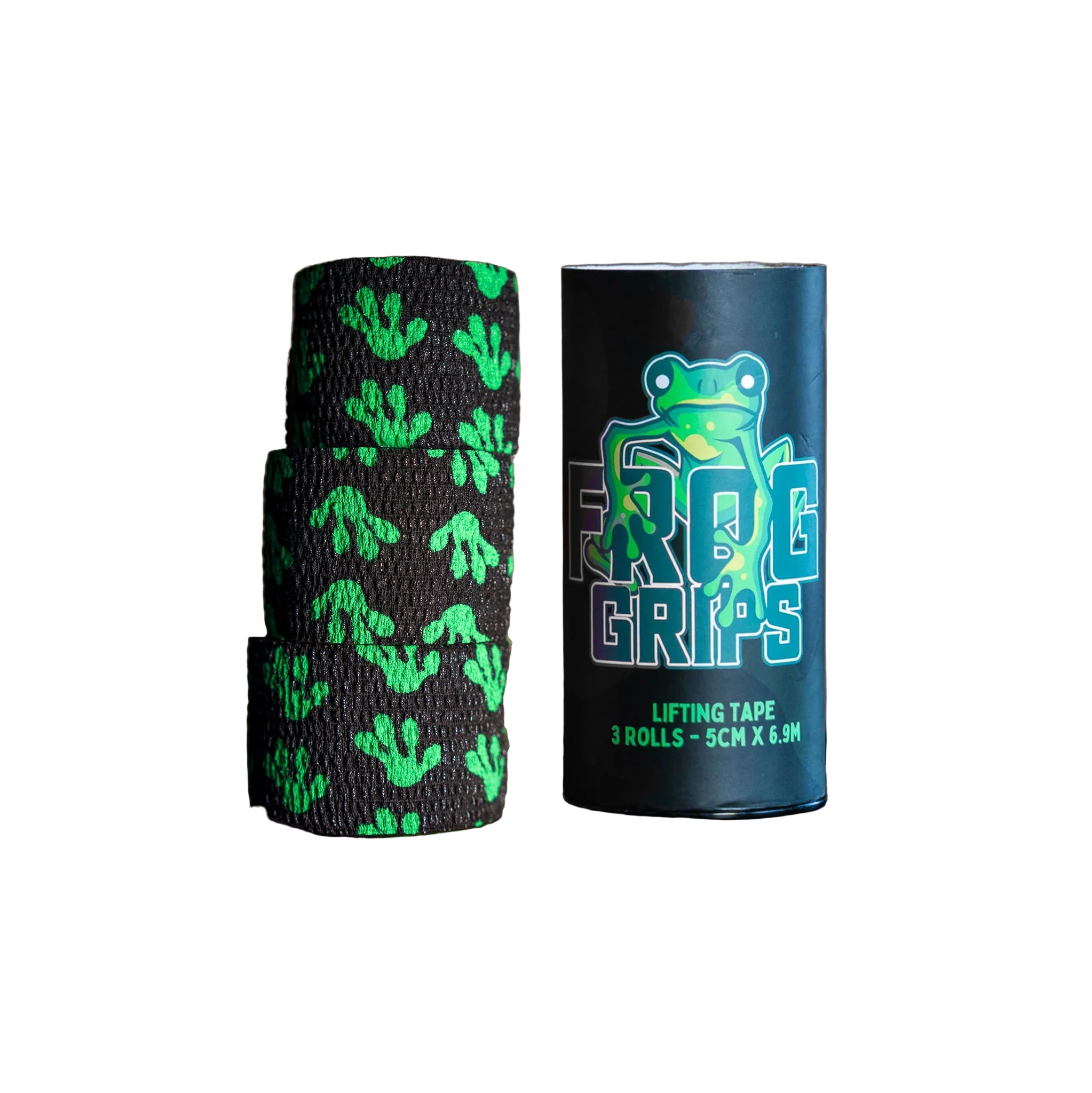 Roll of green and black patterned lifting tape with a branded container on a dark surface.