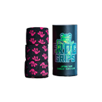 Roll of lifting tape with pink hand pattern and frog logo on a dark surface.