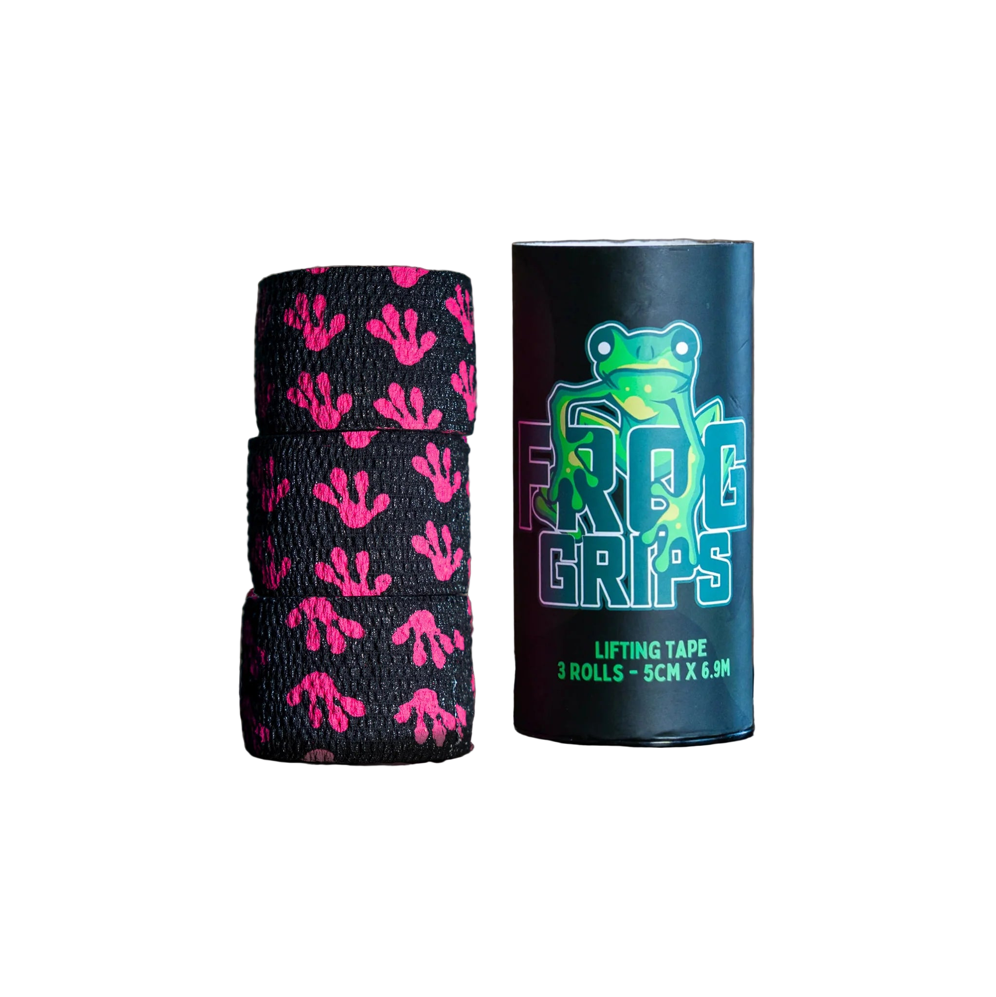 Roll of lifting tape with pink hand pattern and frog logo on a dark surface.