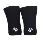 Pair of black frog grips elite knee sleeves with white frog prints on a black surface.