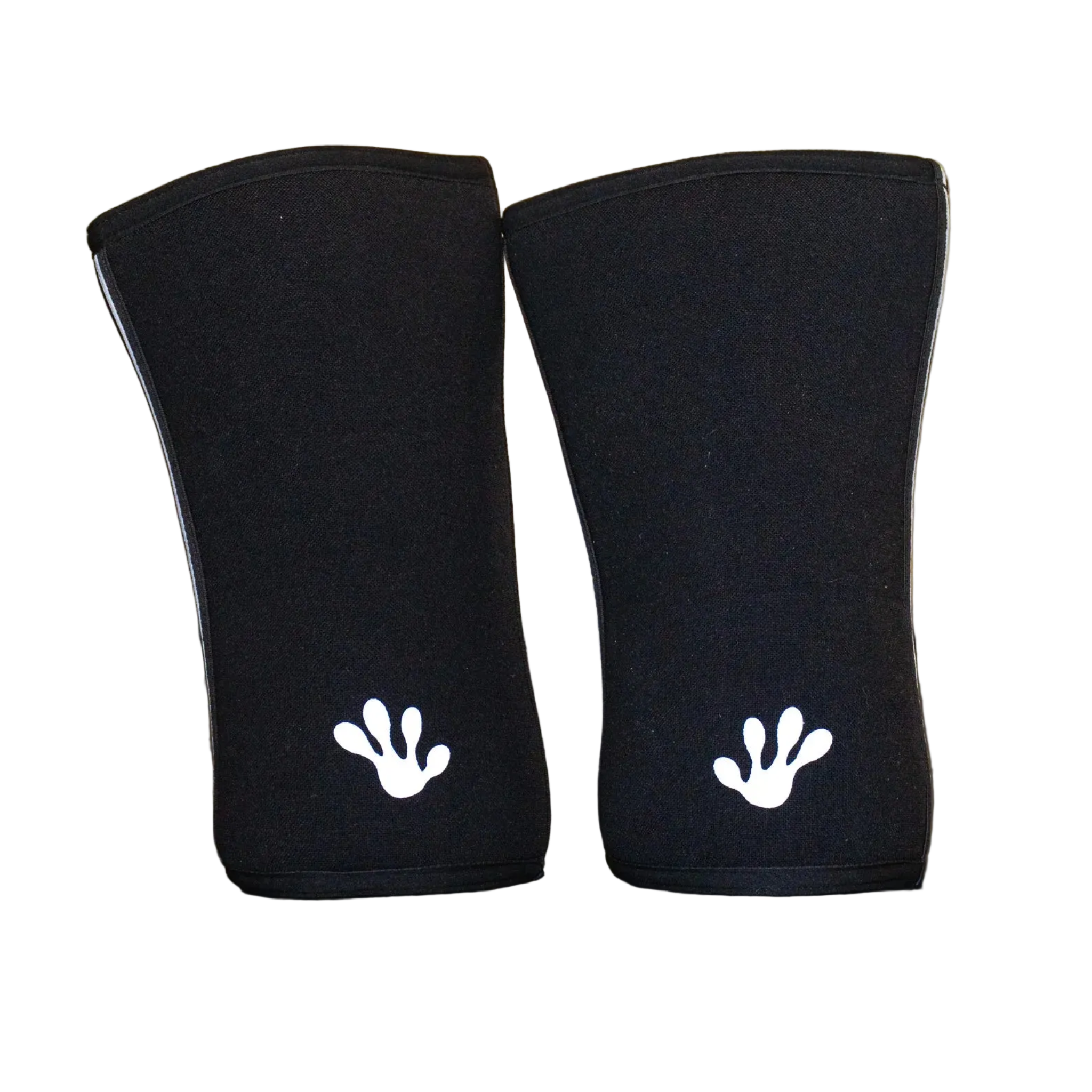 Pair of black frog grips elite knee sleeves with white frog prints on a black surface.