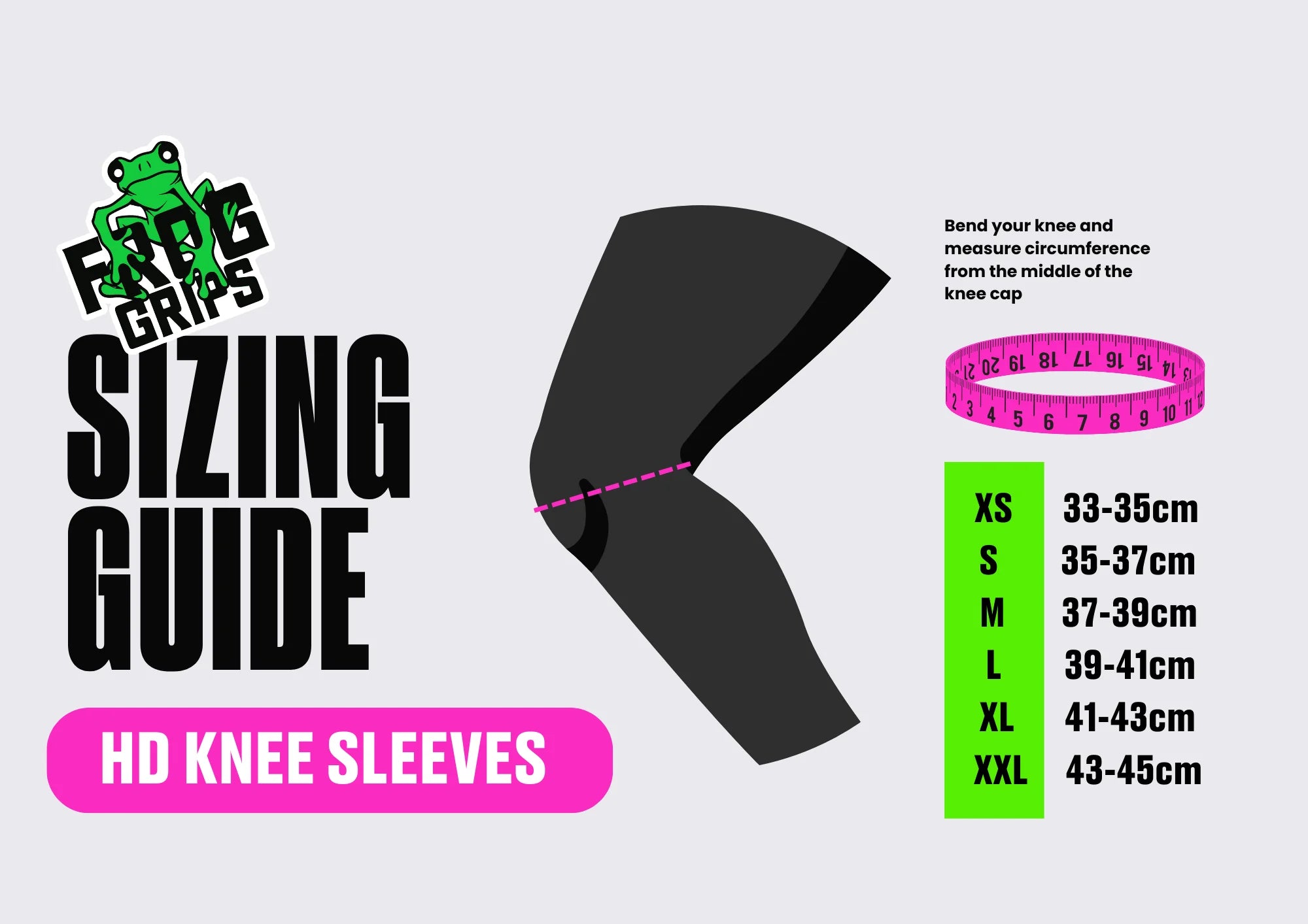 Sizing guide for frog HD knee sleeves with measurements on a white background