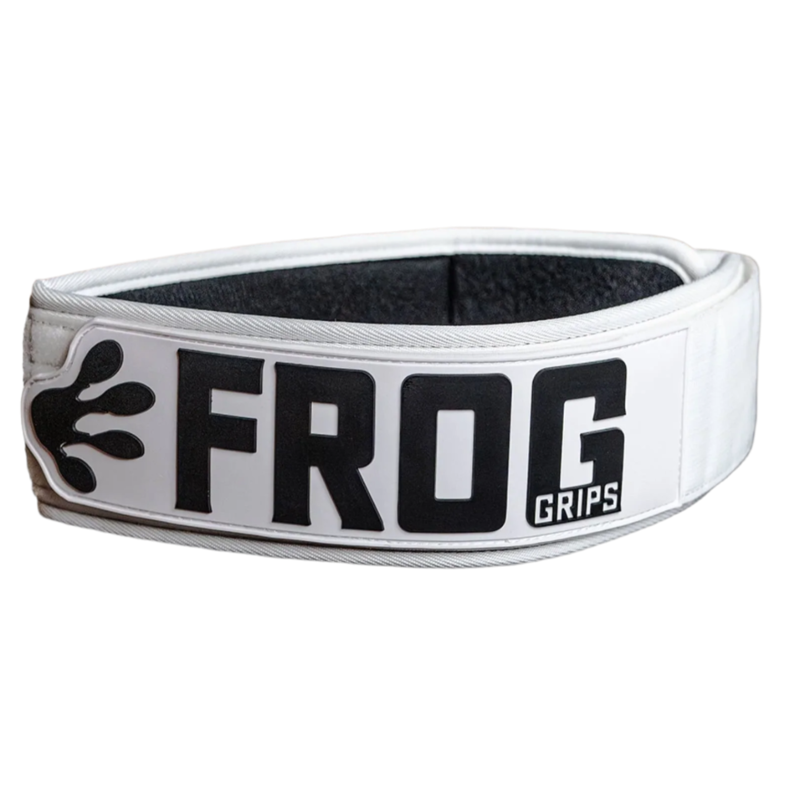 White wrist wrap with black text and logo on a white background