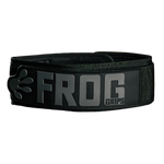 Black weightlifting belt with 'Frog Grips' branding on a white background