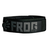 Black weightlifting belt with 'Frog Grips' branding on a white background