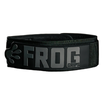 Black weightlifting belt with 'Frog Grips' branding on a white background