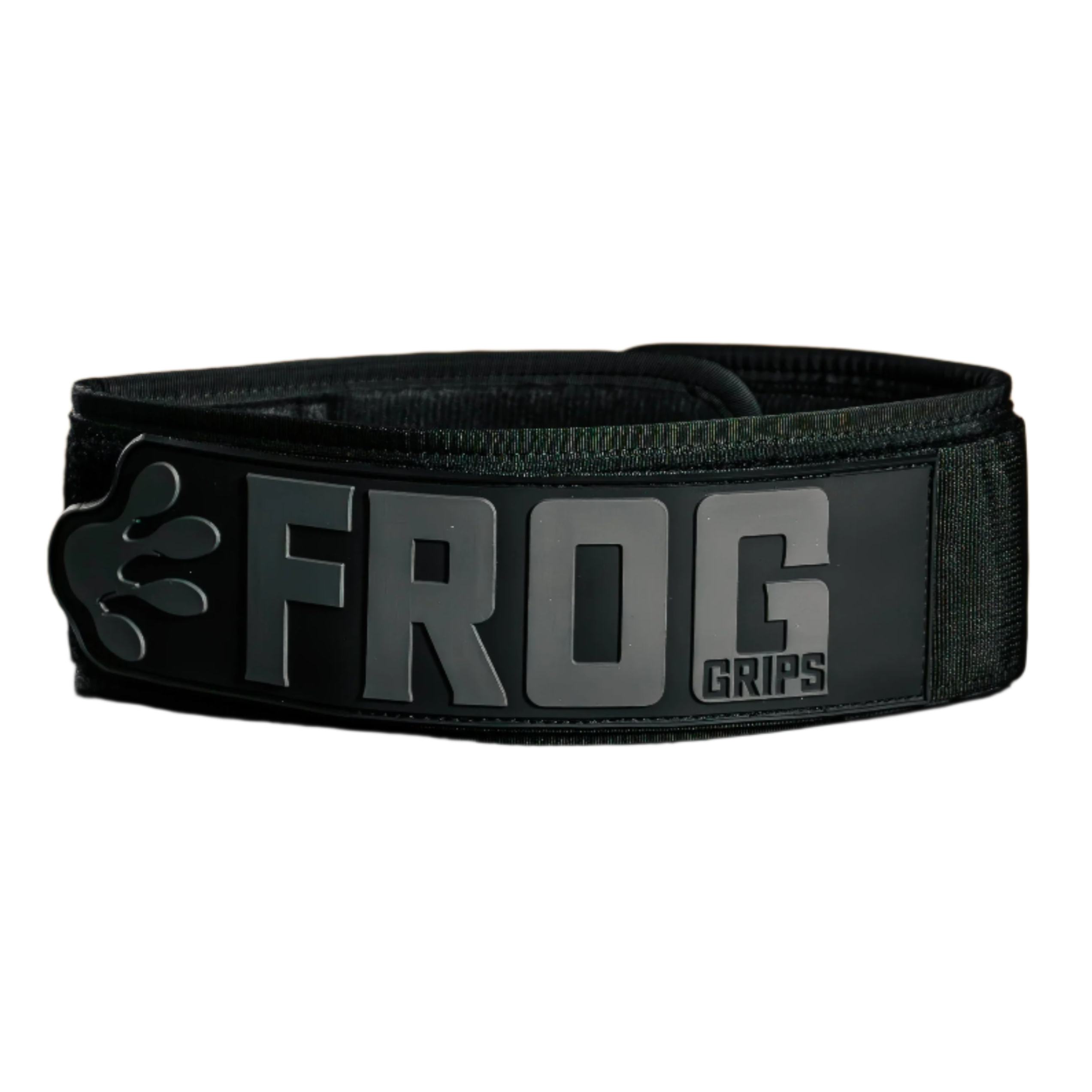 Black weightlifting belt with 'Frog Grips' branding on a white background