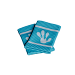 Two blue frog wristbands with white designs on a black background